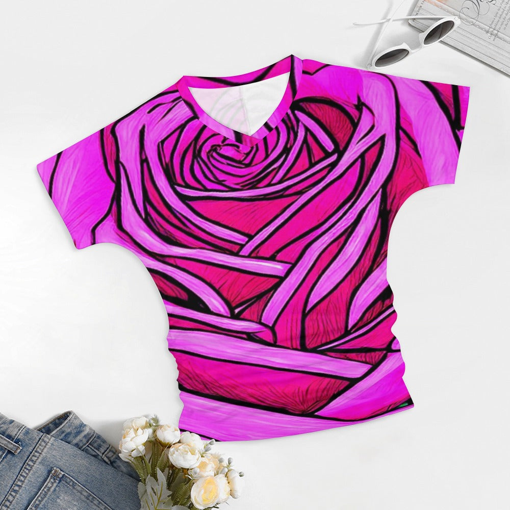 V-neck pleated T-shirt